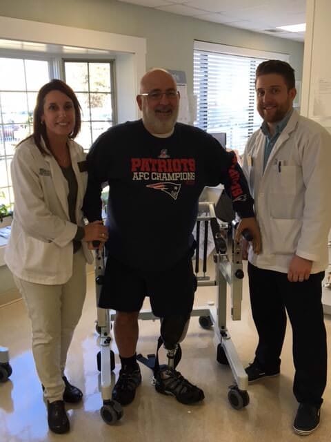 JP is pictured above, flanked by Westboro nursing home Beaumont team members Claudia Farrell, OTR/L and Alex Sorensen, DPT.